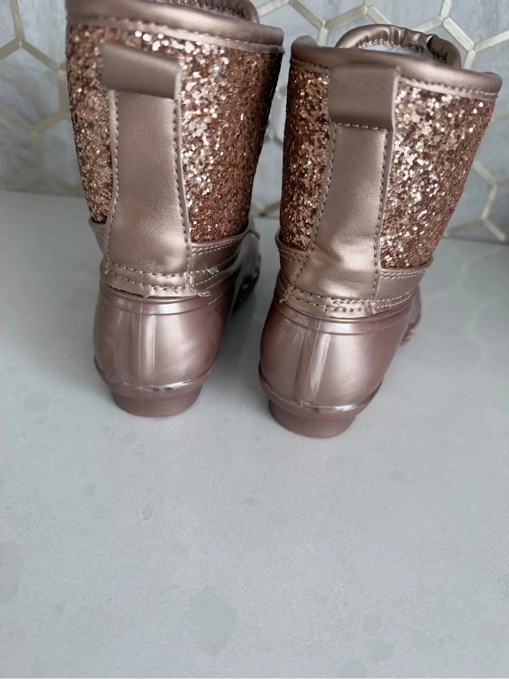 Kids' Rose Gold Glitter Duck Boots - Cozy Lined Winter Boots 11